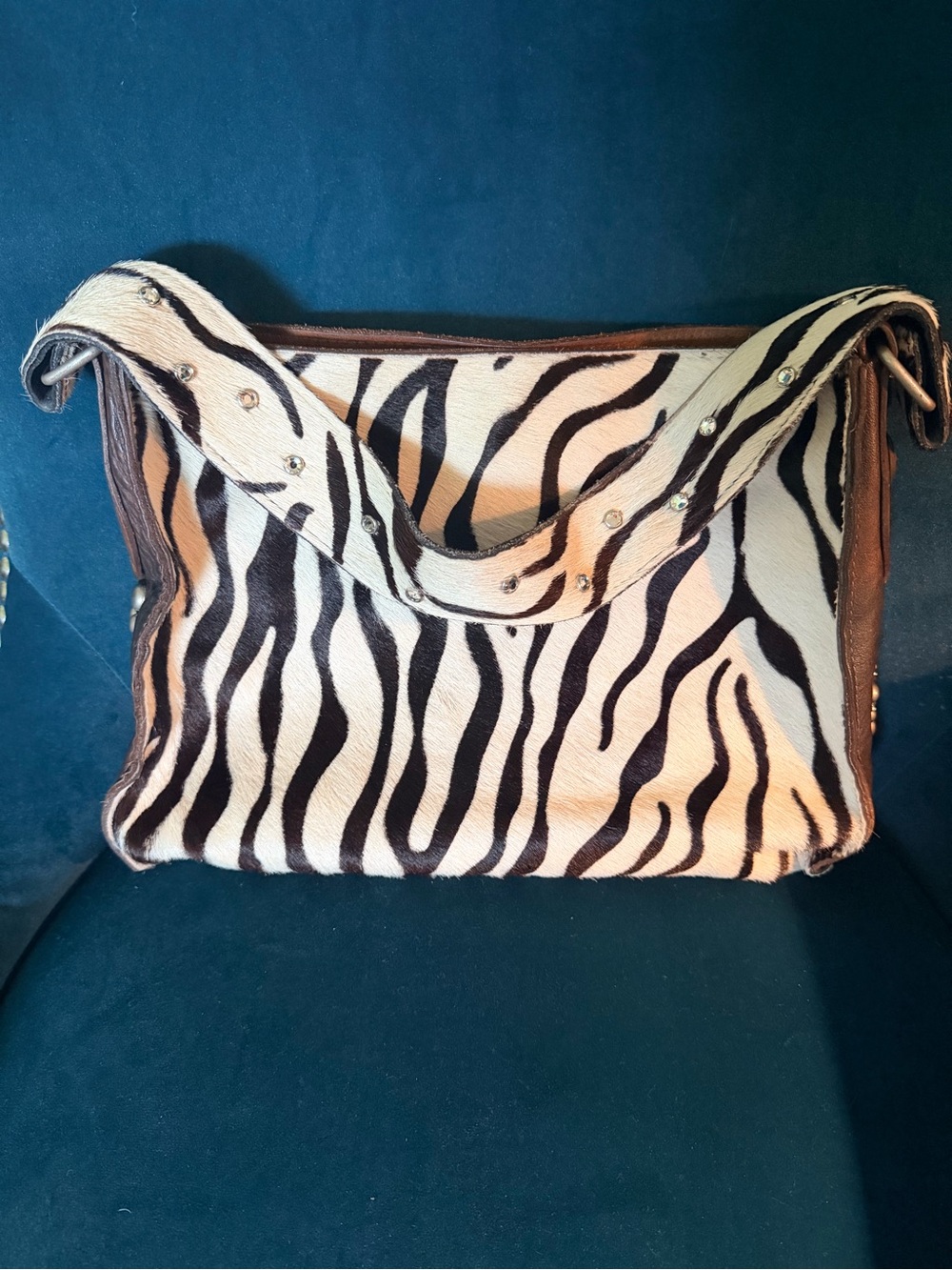 Two Bar West Hair on Hide Zebra-Print Leather Shoulder Bag with Rhinestones